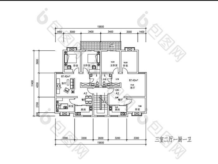 一梯两户三室两厅户型图CAD图纸