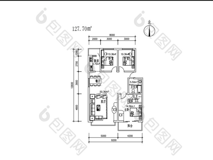 127平米三室两厅户型图CAD图纸