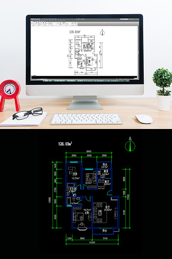 128平米三室两厅CAD图纸图片