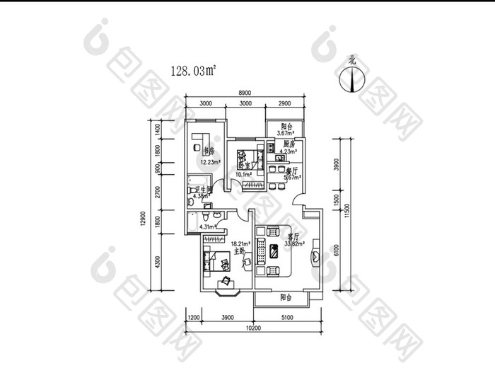 128平米三室两厅CAD图纸