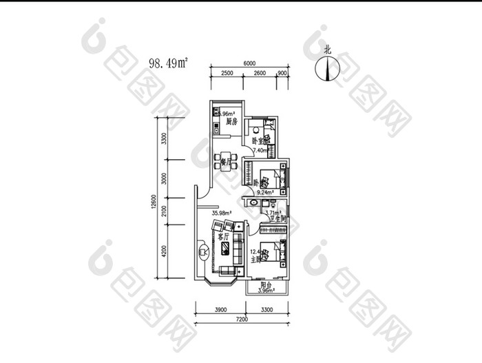 98平米三室两厅CAD户型图纸