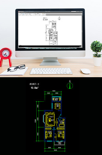 两室两厅92平米CAD户型图纸图片