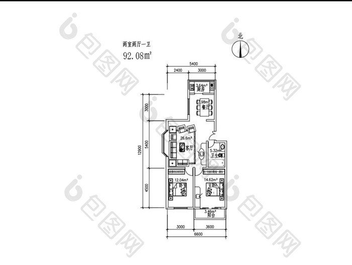 两室两厅92平米CAD户型图纸