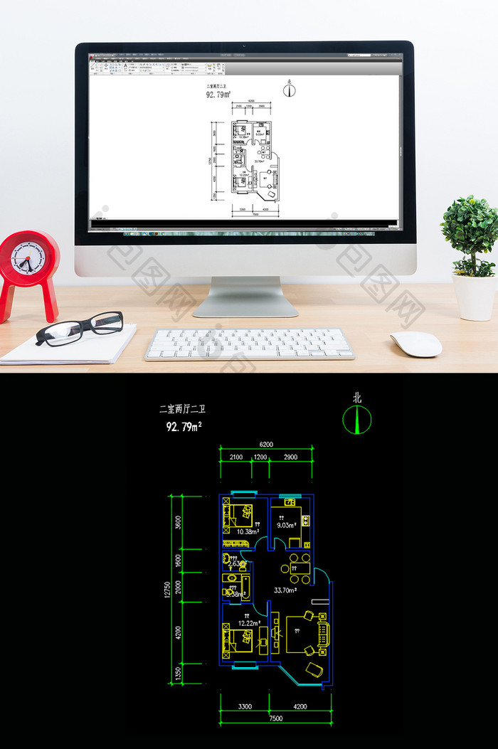两室两厅两卫92平米CAD图纸