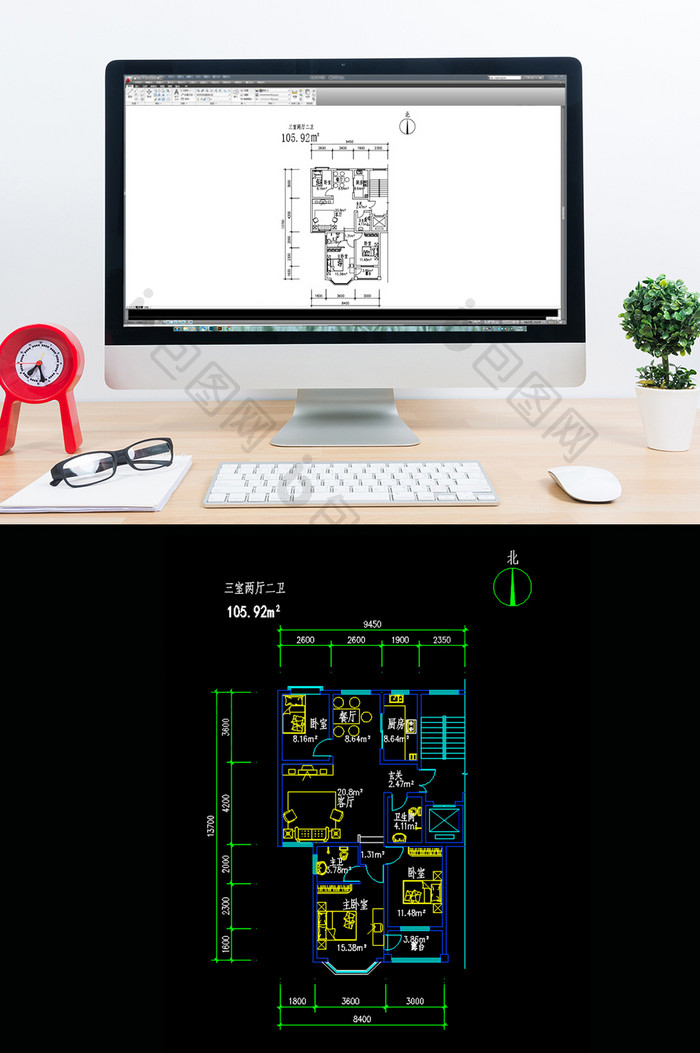 三室两厅两卫105平米CAD图纸