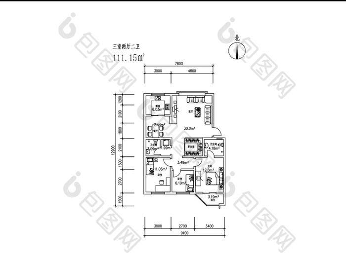 三室两厅两卫111平米CAD制图