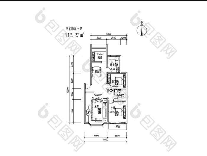 三室两厅一卫112平米CAD户型图纸