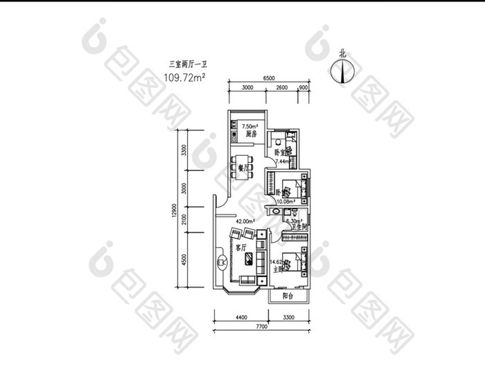 三室两厅一卫109平米CAD家装户型图