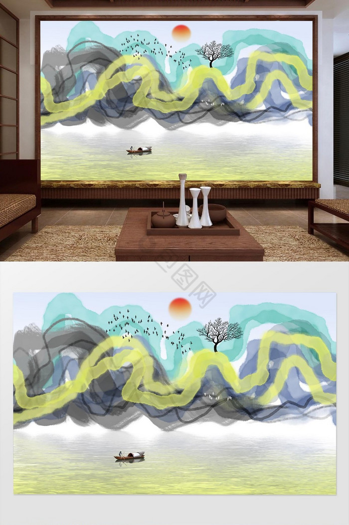 新中式水墨抽象写意山水画背景墙图片
