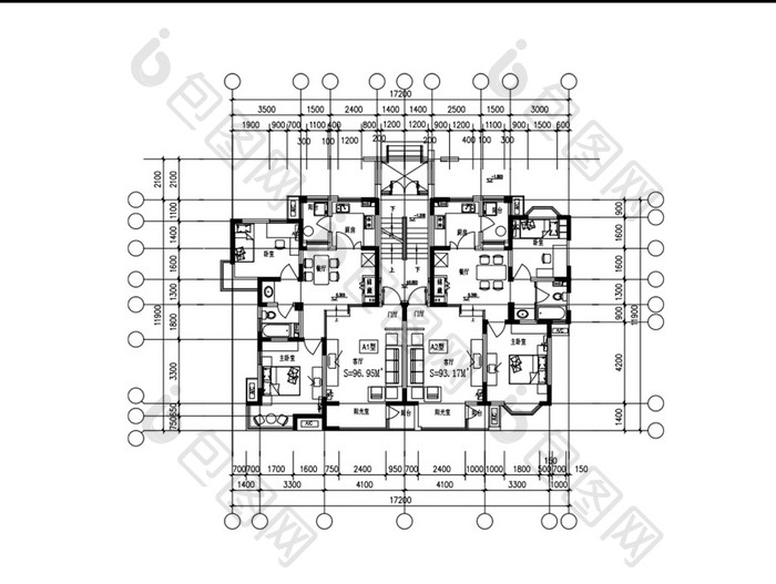 一梯两户两室两厅户型CAD图纸