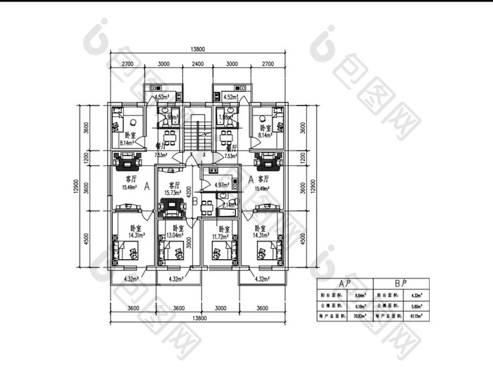 CAD图纸一梯两户三室两厅户型图