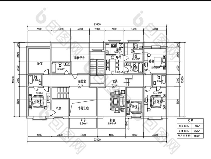 一梯两户四室两厅156平米CAD户型图纸
