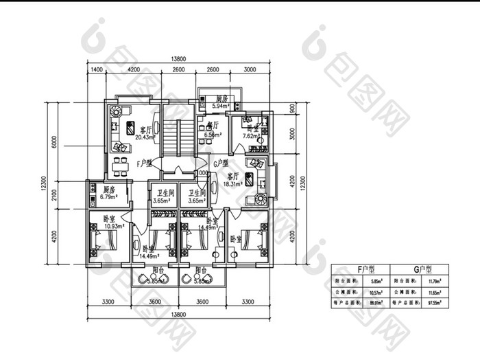 一梯两户家居户型图CAD图纸