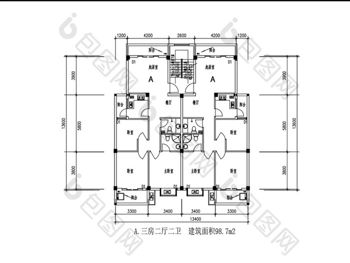 三室两厅两卫84平米一梯两户CAD户型图