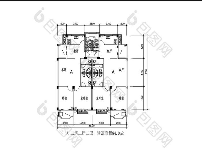 两室两厅两卫84平米一梯两户CAD图纸