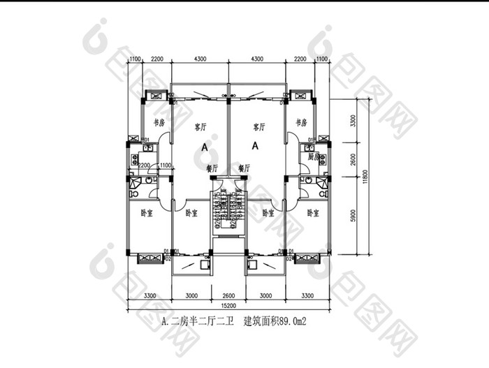 两室半两厅两卫89平米CAD图纸