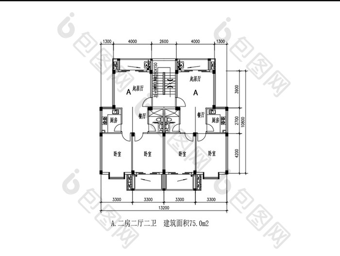 一梯两户两室两厅两卫75平米CAD图纸