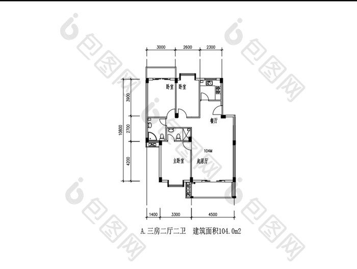 三室两厅两卫104平米CAD图纸