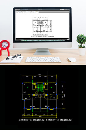 一梯两户两室半两厅两卫CAD户型图纸