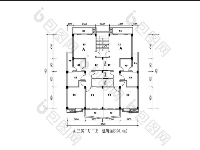 一梯两户三室两厅两卫98平米CAD图纸
