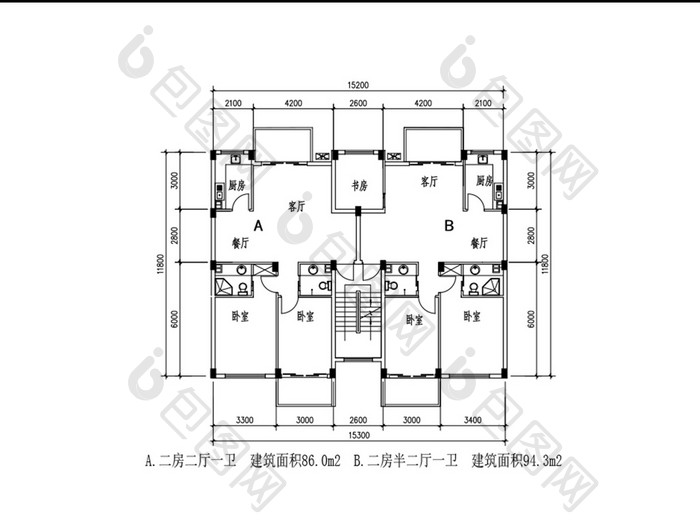 一梯两户三室两厅一卫CAD户型图纸