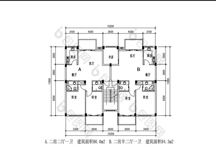 一梯兩戶三室兩廳一衛cad戶型圖紙