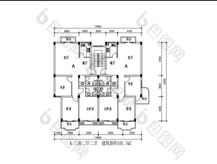 一梯两户三室两厅两卫101平米CAD图纸