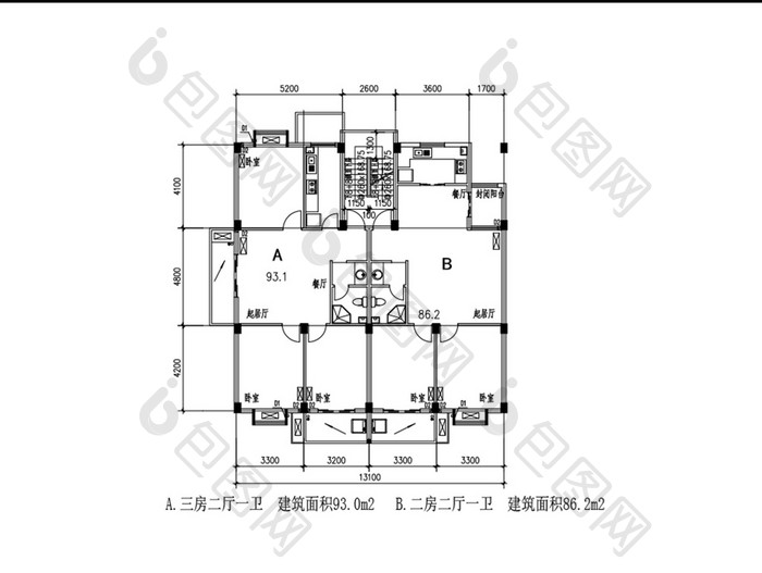 一梯两户两室一厅三室一厅CAD户型图纸