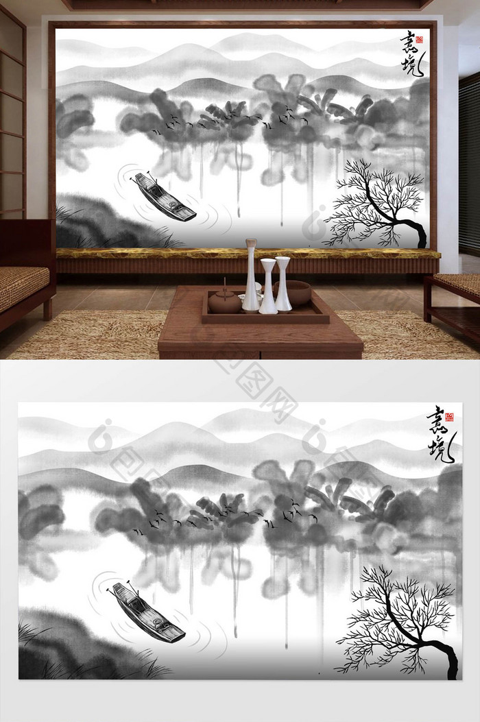 中式水墨抽象山水风景画背景墙