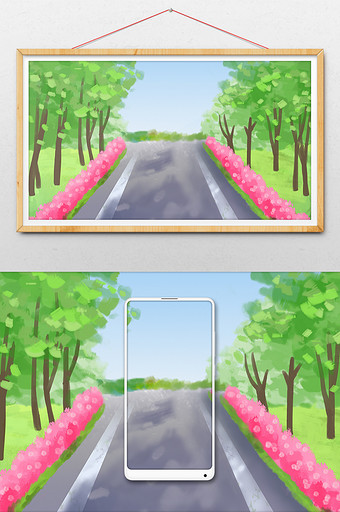 水彩手绘马路绿化大树图片下载
