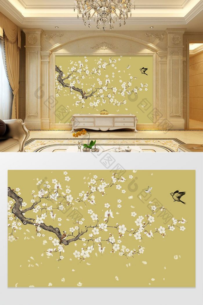 中式花鸟图电视背景墙
