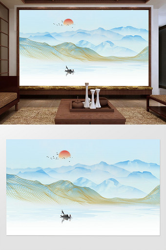 新中式手绘山水抽象线条电视背景墙图片