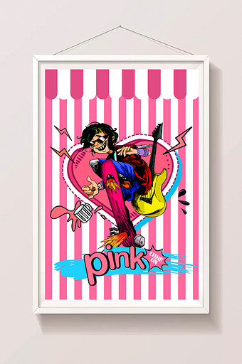 粉色涂鸦朋克风漫画滑板男孩街头时尚插画图片