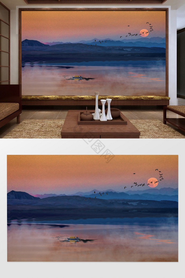 新中式意境水彩风山水电视背景墙图片