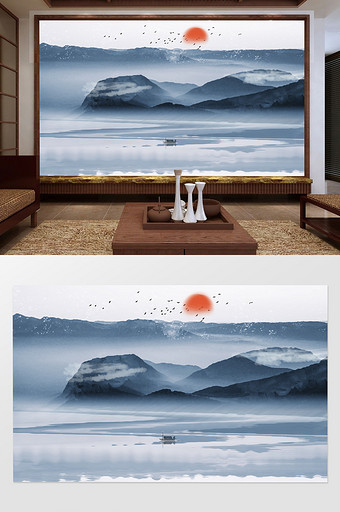 新中式唯美手绘山水电视背景墙定制图片