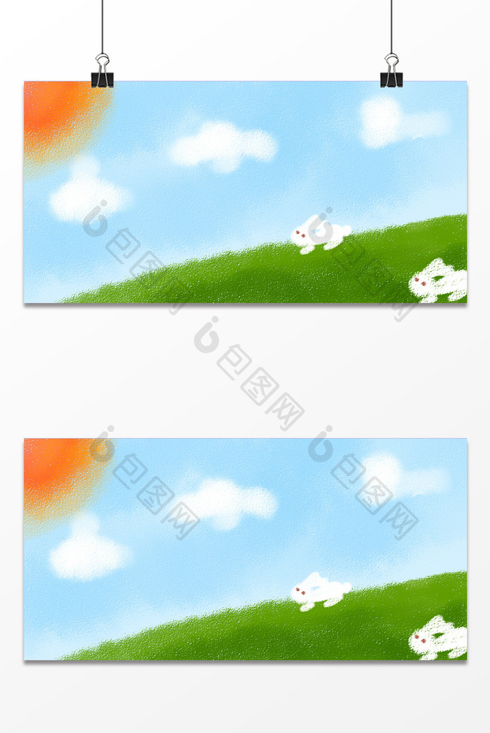 夏日绿草地兔子背景插画