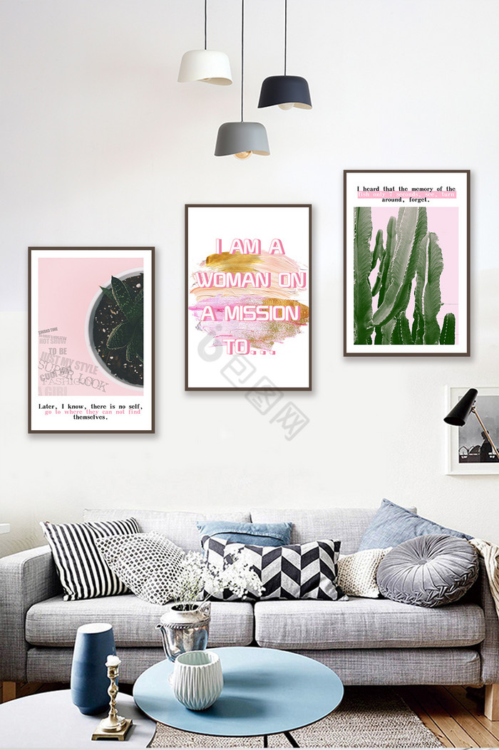 北欧风粉色少女系多肉植物三联装饰画图片