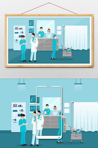 创意小清新大夫护士诊室医疗场景插画图片