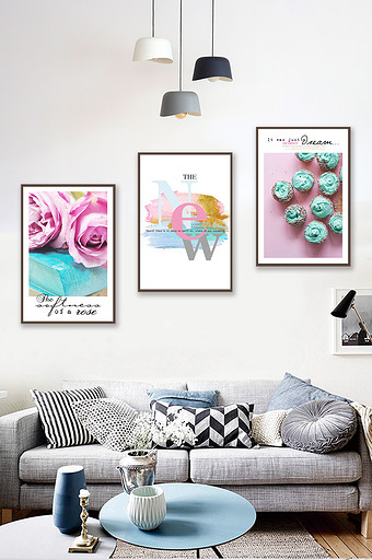 唯美北欧风粉色系花卉美食三联装饰画图片