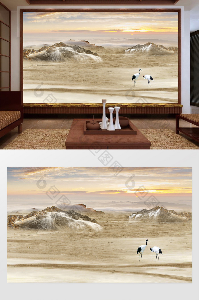 新中式山水日出风景抽象背景墙