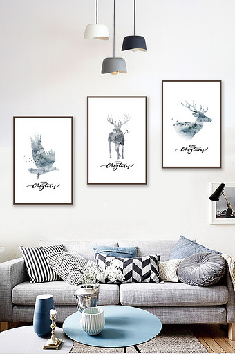 北欧简约抽象森林麋鹿装饰画小清新手绘挂画图片