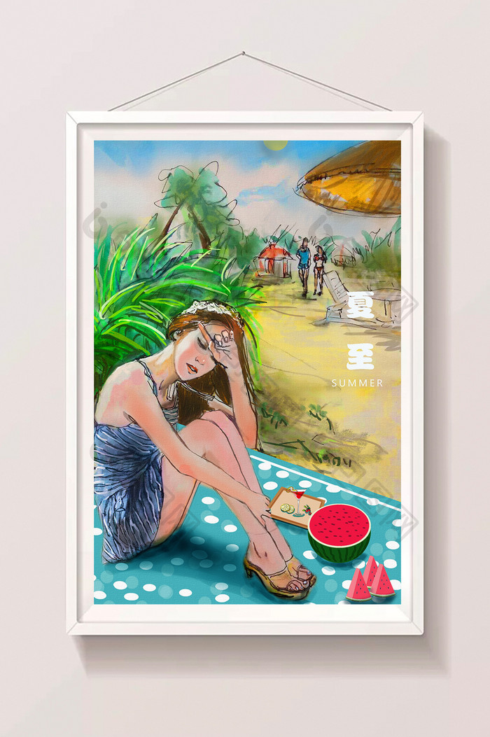 清新节气美女西瓜冷饮美景夏至插画