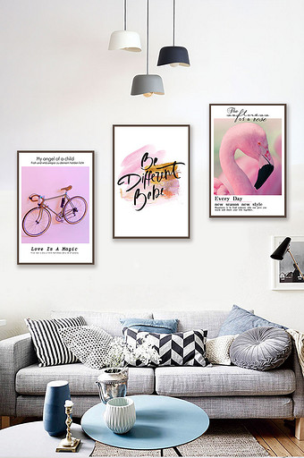 粉色系北欧风火烈鸟自行车装饰画图片