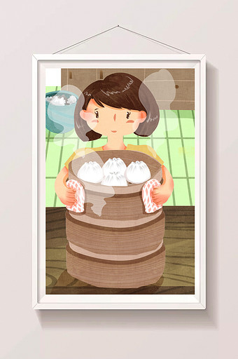 清新可爱妈妈蒸包子美食插画图片下载