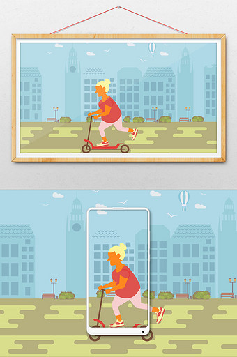创意小清新老年人滑板车运动健身场景插画图片