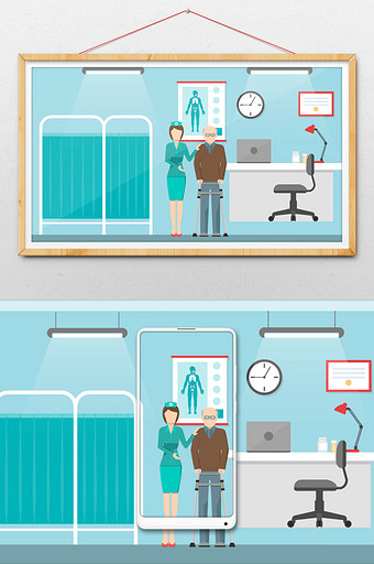 创意小清新老年病人护士看护医疗场景插画图片