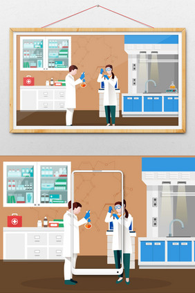 创意小清新医院实验室医生医疗实验场景插画