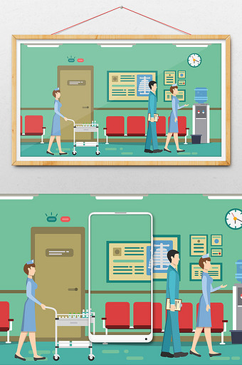 创意小清新护士医生医院走廊插画图片