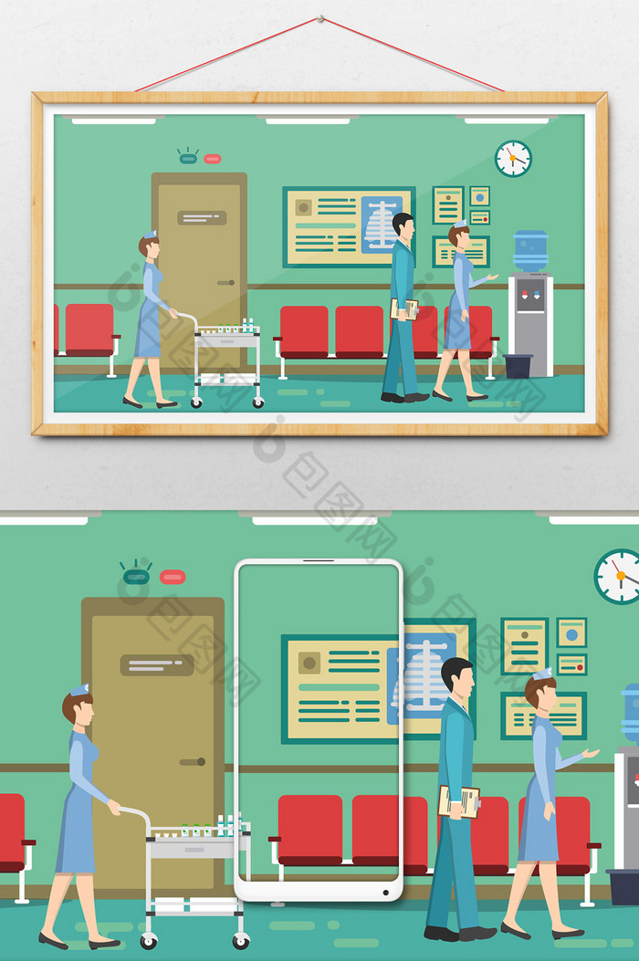 创意小清新护士医生医院走廊插画