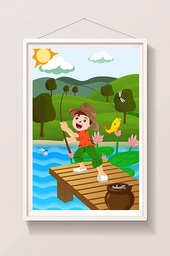 清新暑假生活男孩钓鱼插画图片